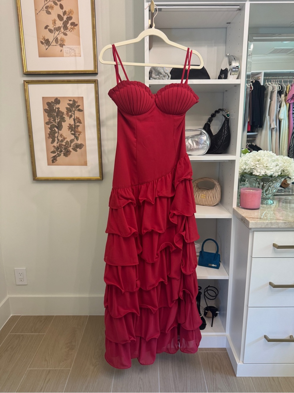 Elegant Red Ruffle Maxi Dress with Sweetheart Bust